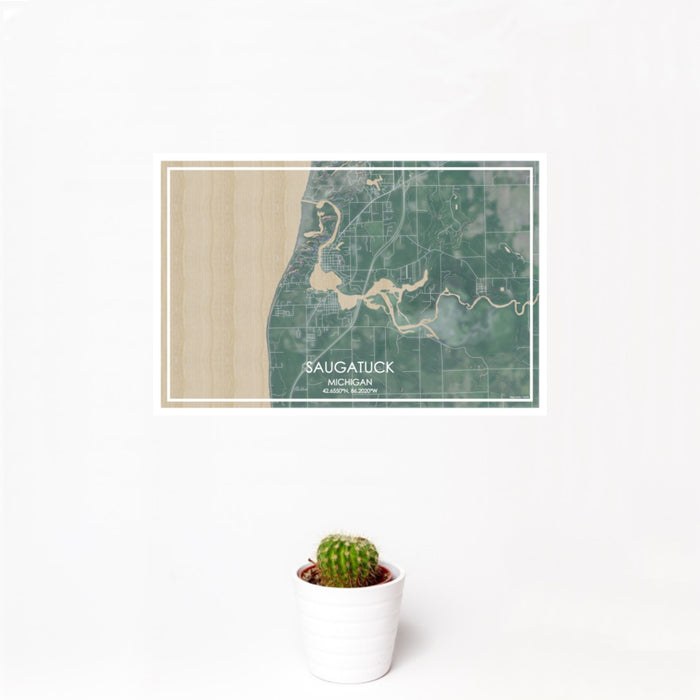 12x18 Saugatuck Michigan Map Print Landscape Orientation in Afternoon Style With Small Cactus Plant in White Planter