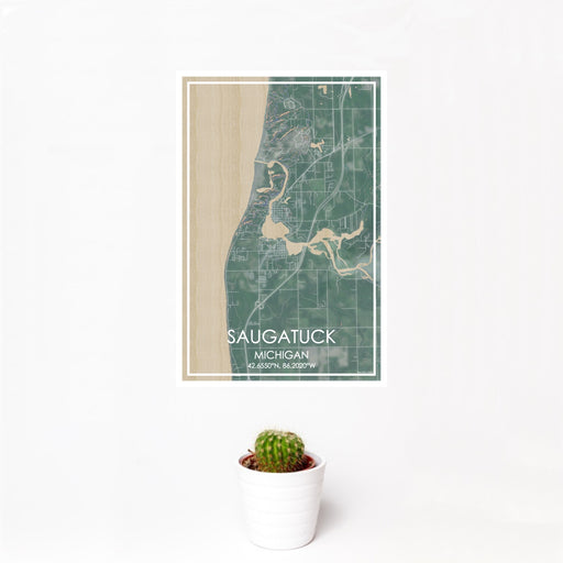 12x18 Saugatuck Michigan Map Print Portrait Orientation in Afternoon Style With Small Cactus Plant in White Planter