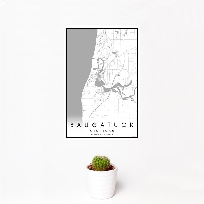 12x18 Saugatuck Michigan Map Print Portrait Orientation in Classic Style With Small Cactus Plant in White Planter