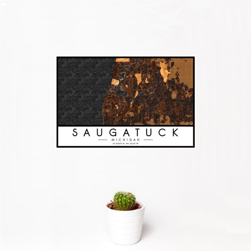 12x18 Saugatuck Michigan Map Print Landscape Orientation in Ember Style With Small Cactus Plant in White Planter