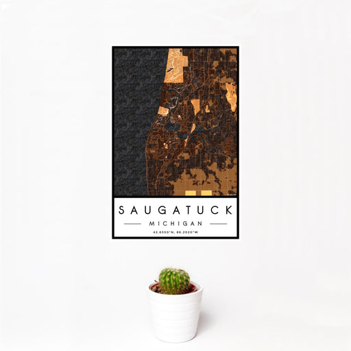 12x18 Saugatuck Michigan Map Print Portrait Orientation in Ember Style With Small Cactus Plant in White Planter