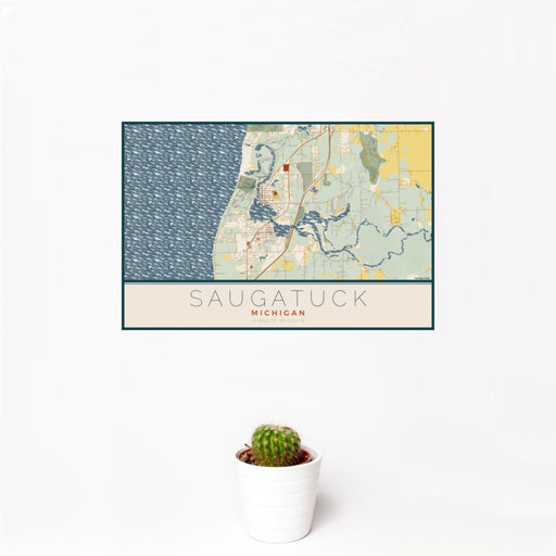12x18 Saugatuck Michigan Map Print Landscape Orientation in Woodblock Style With Small Cactus Plant in White Planter
