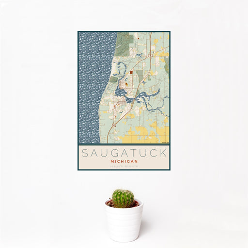 12x18 Saugatuck Michigan Map Print Portrait Orientation in Woodblock Style With Small Cactus Plant in White Planter