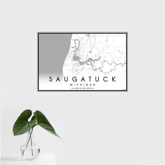 16x24 Saugatuck Michigan Map Print Landscape Orientation in Classic Style With Tropical Plant Leaves in Water