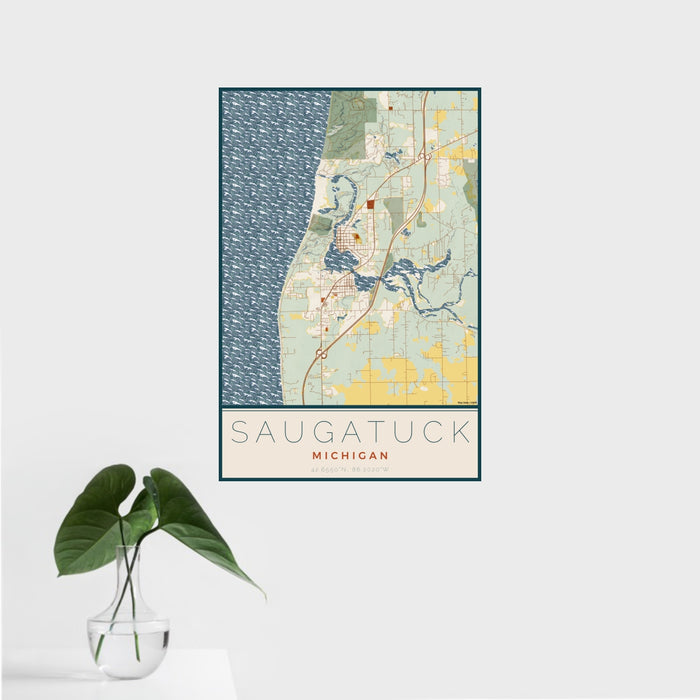 16x24 Saugatuck Michigan Map Print Portrait Orientation in Woodblock Style With Tropical Plant Leaves in Water