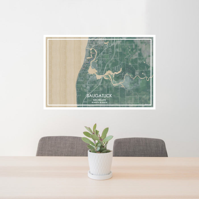 24x36 Saugatuck Michigan Map Print Lanscape Orientation in Afternoon Style Behind 2 Chairs Table and Potted Plant