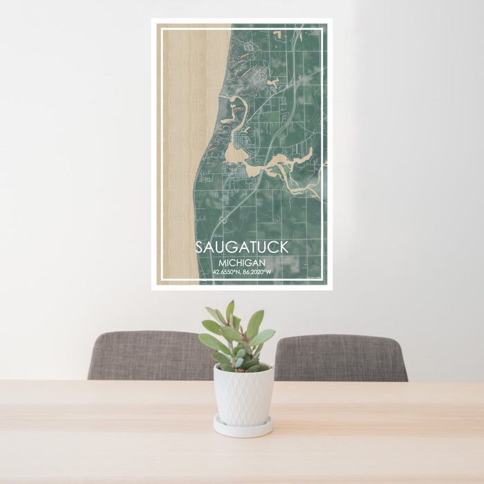 24x36 Saugatuck Michigan Map Print Portrait Orientation in Afternoon Style Behind 2 Chairs Table and Potted Plant