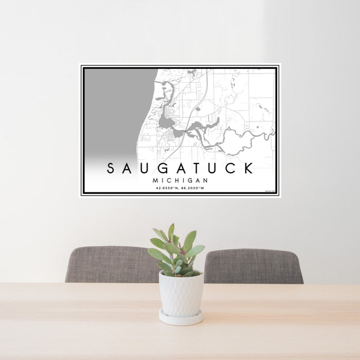 24x36 Saugatuck Michigan Map Print Lanscape Orientation in Classic Style Behind 2 Chairs Table and Potted Plant
