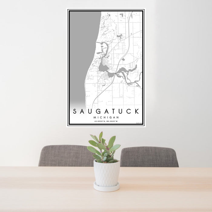 24x36 Saugatuck Michigan Map Print Portrait Orientation in Classic Style Behind 2 Chairs Table and Potted Plant