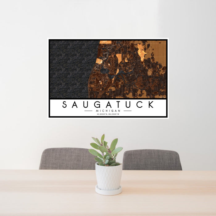 24x36 Saugatuck Michigan Map Print Lanscape Orientation in Ember Style Behind 2 Chairs Table and Potted Plant