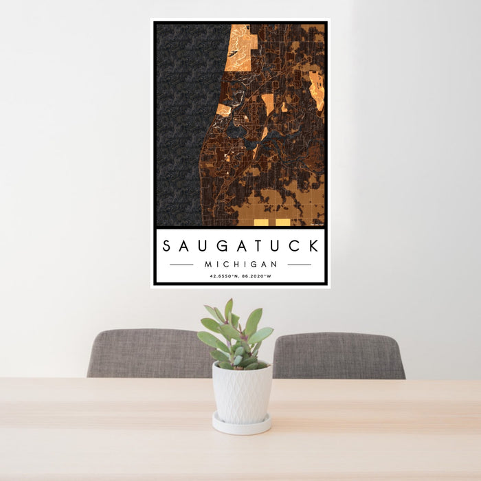 24x36 Saugatuck Michigan Map Print Portrait Orientation in Ember Style Behind 2 Chairs Table and Potted Plant