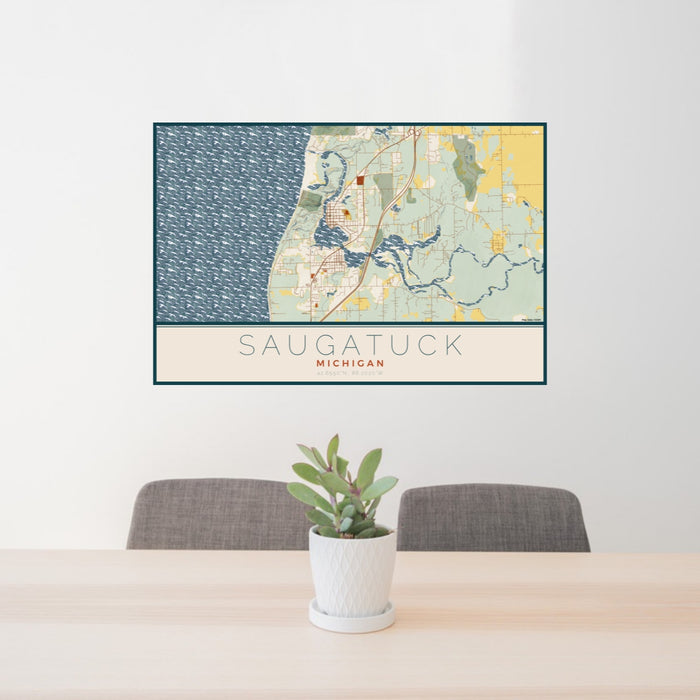 24x36 Saugatuck Michigan Map Print Lanscape Orientation in Woodblock Style Behind 2 Chairs Table and Potted Plant