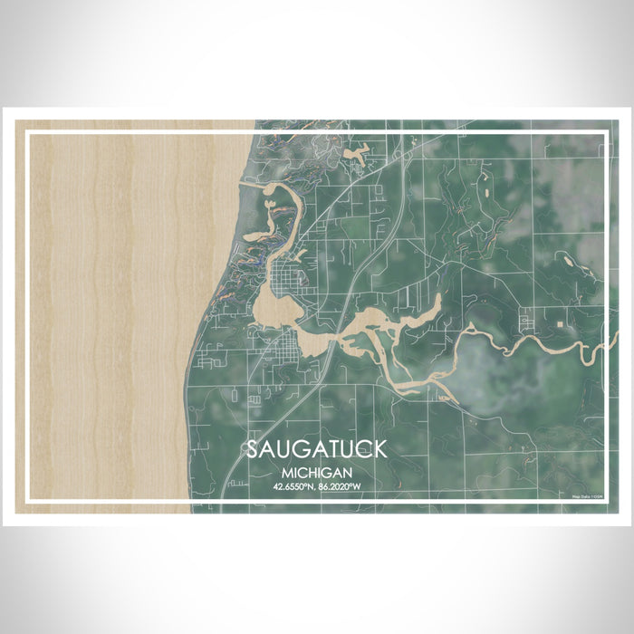 Saugatuck Michigan Map Print Landscape Orientation in Afternoon Style With Shaded Background
