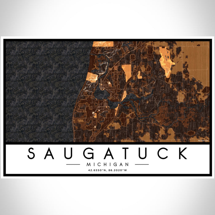 Saugatuck Michigan Map Print Landscape Orientation in Ember Style With Shaded Background