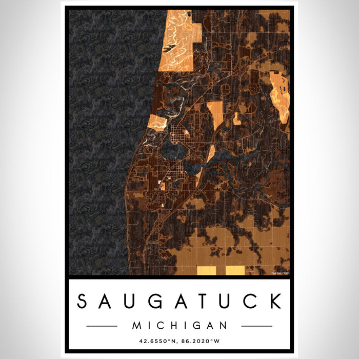 Saugatuck Michigan Map Print Portrait Orientation in Ember Style With Shaded Background