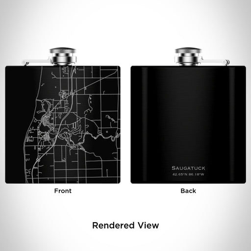 Rendered View of Saugatuck Michigan Map Engraving on 6oz Stainless Steel Flask in Black