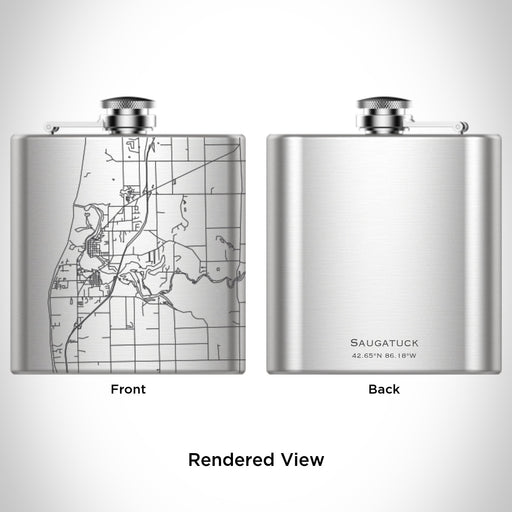 Rendered View of Saugatuck Michigan Map Engraving on 6oz Stainless Steel Flask