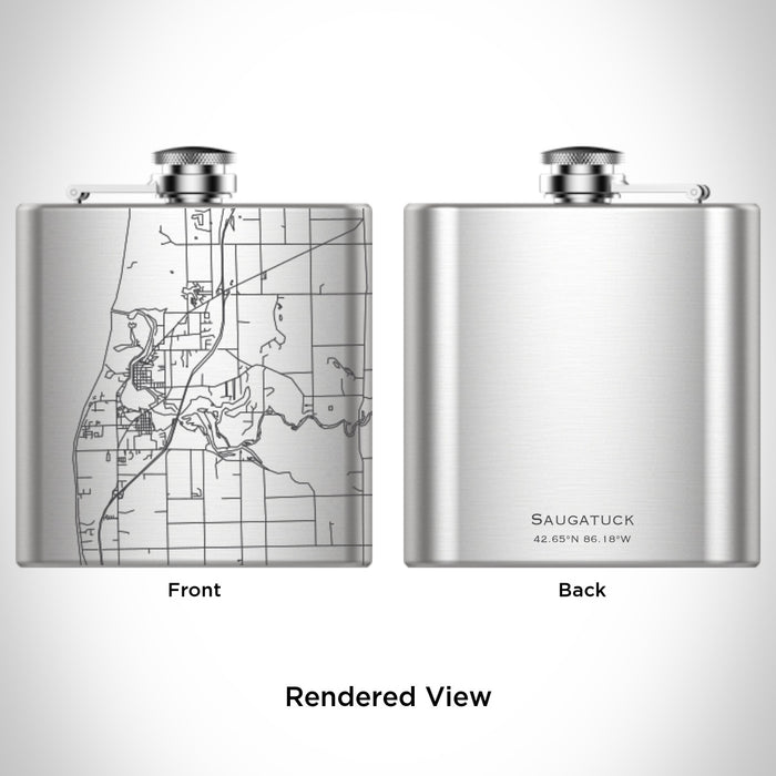 Rendered View of Saugatuck Michigan Map Engraving on 6oz Stainless Steel Flask