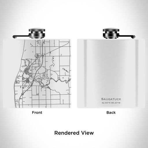 Rendered View of Saugatuck Michigan Map Engraving on 6oz Stainless Steel Flask in White