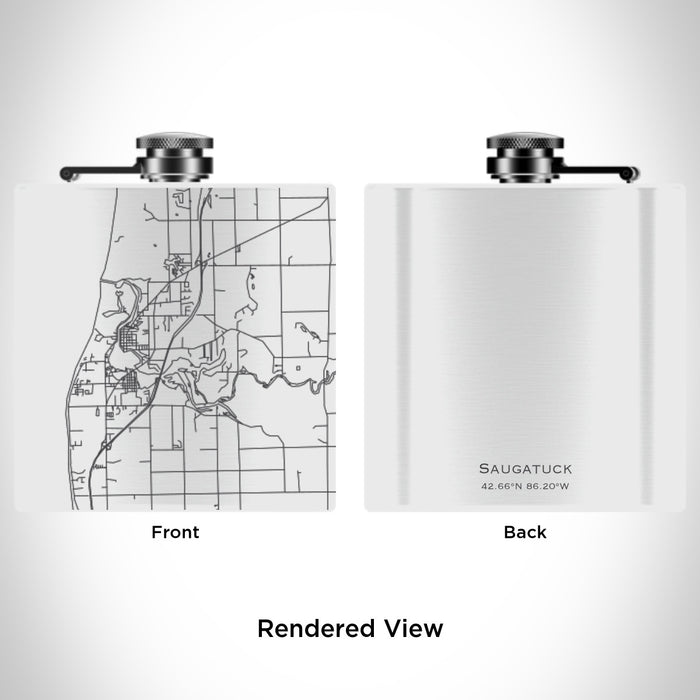 Rendered View of Saugatuck Michigan Map Engraving on 6oz Stainless Steel Flask in White