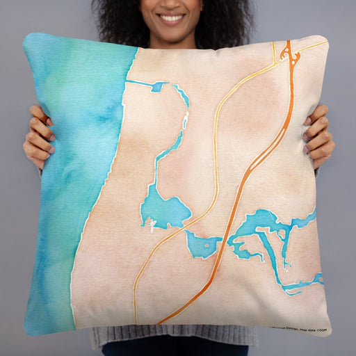 Person holding 22x22 Custom Saugatuck Michigan Map Throw Pillow in Watercolor