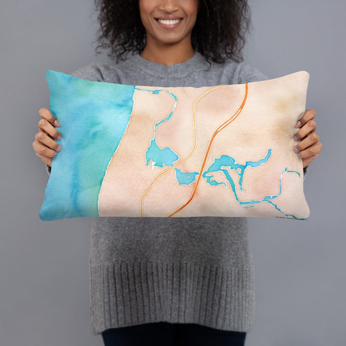 Person holding 20x12 Custom Saugatuck Michigan Map Throw Pillow in Watercolor