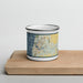 Front View Custom Saugatuck Michigan Map Enamel Mug in Woodblock on Cutting Board