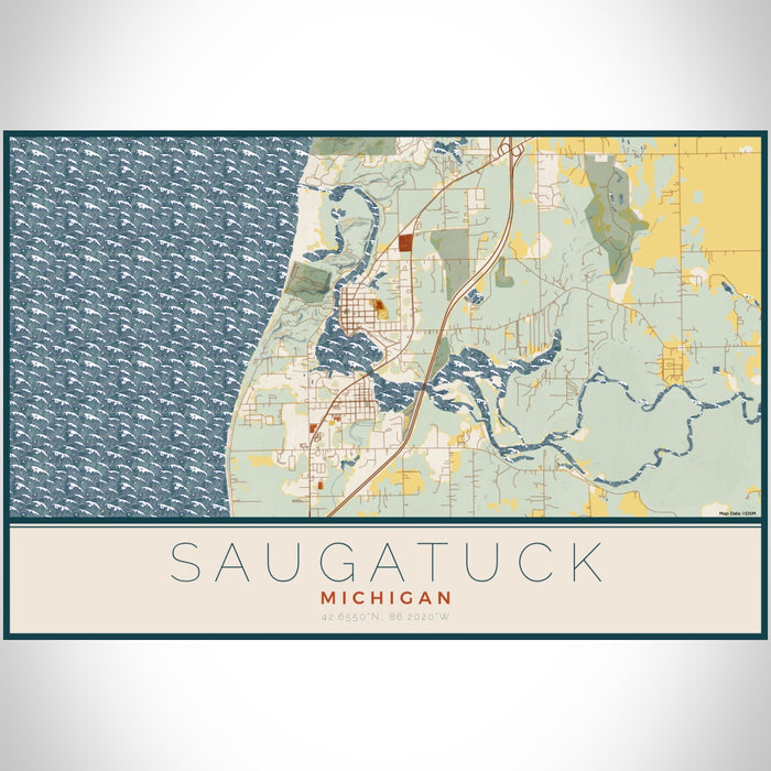 Saugatuck Michigan Map Print Landscape Orientation in Woodblock Style With Shaded Background
