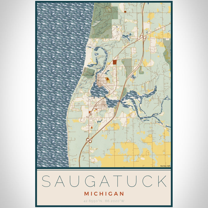 Saugatuck Michigan Map Print Portrait Orientation in Woodblock Style With Shaded Background
