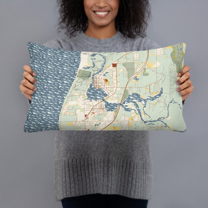 Person holding 20x12 Custom Saugatuck Michigan Map Throw Pillow in Woodblock