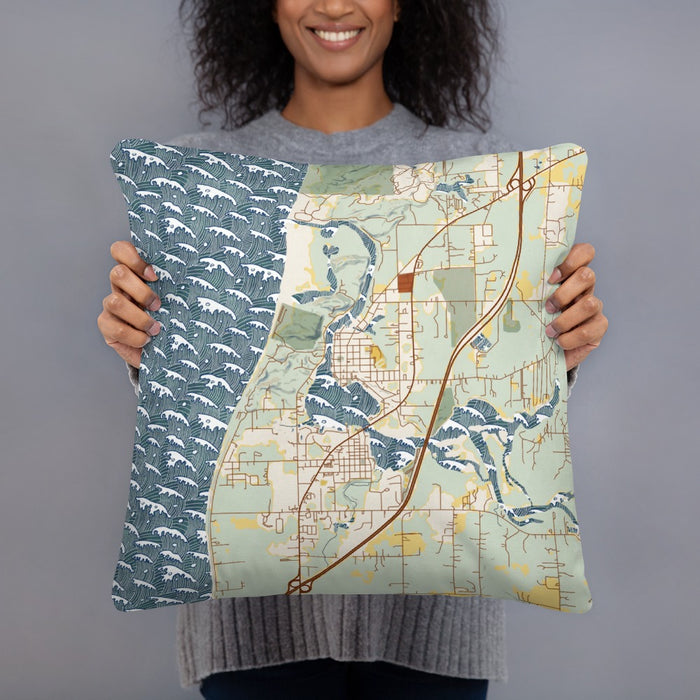 Person holding 18x18 Custom Saugatuck Michigan Map Throw Pillow in Woodblock