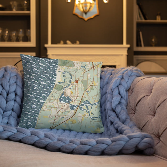 Custom Saugatuck Michigan Map Throw Pillow in Woodblock on Cream Colored Couch