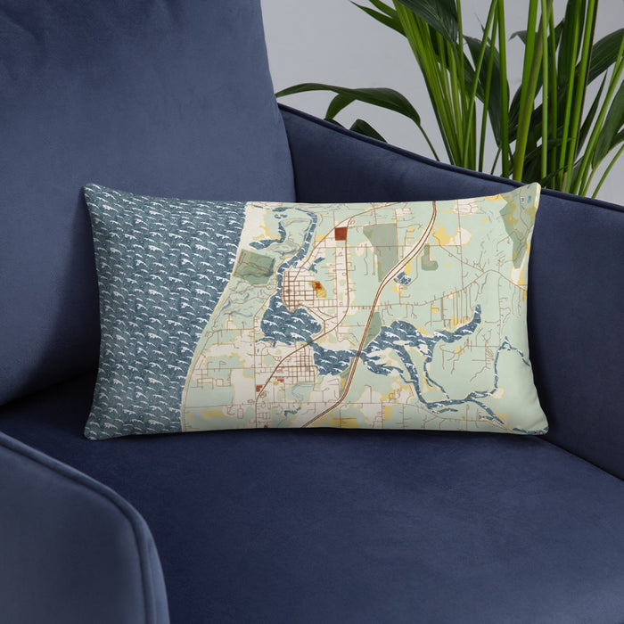 Custom Saugatuck Michigan Map Throw Pillow in Woodblock on Blue Colored Chair