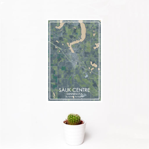 12x18 Sauk Centre Minnesota Map Print Portrait Orientation in Afternoon Style With Small Cactus Plant in White Planter