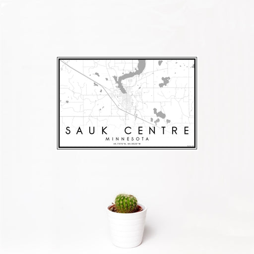 12x18 Sauk Centre Minnesota Map Print Landscape Orientation in Classic Style With Small Cactus Plant in White Planter