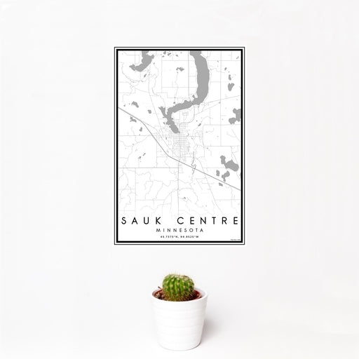 12x18 Sauk Centre Minnesota Map Print Portrait Orientation in Classic Style With Small Cactus Plant in White Planter