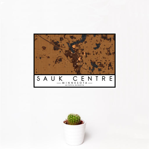 12x18 Sauk Centre Minnesota Map Print Landscape Orientation in Ember Style With Small Cactus Plant in White Planter