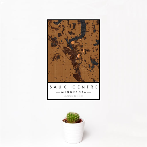 12x18 Sauk Centre Minnesota Map Print Portrait Orientation in Ember Style With Small Cactus Plant in White Planter