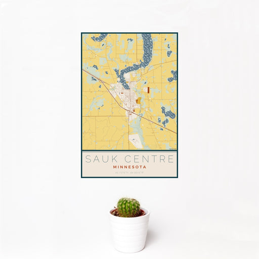12x18 Sauk Centre Minnesota Map Print Portrait Orientation in Woodblock Style With Small Cactus Plant in White Planter