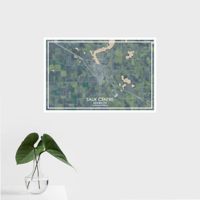 16x24 Sauk Centre Minnesota Map Print Landscape Orientation in Afternoon Style With Tropical Plant Leaves in Water