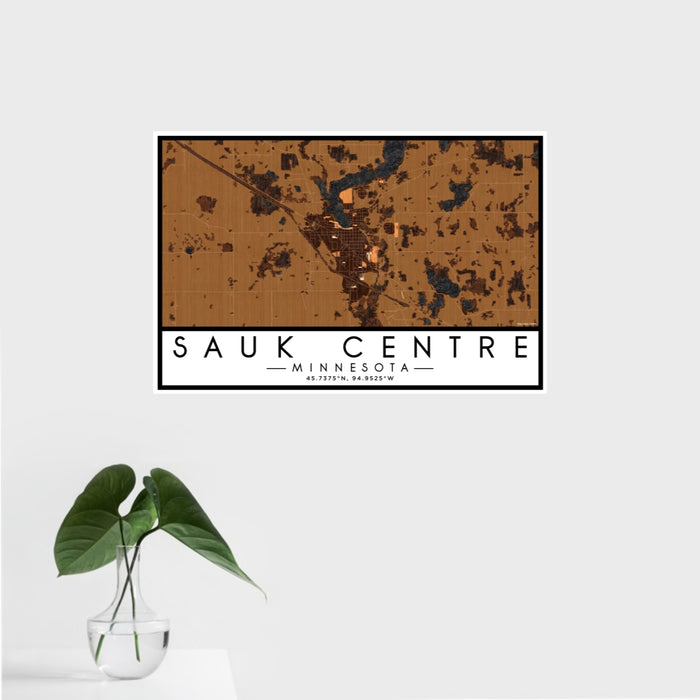 16x24 Sauk Centre Minnesota Map Print Landscape Orientation in Ember Style With Tropical Plant Leaves in Water