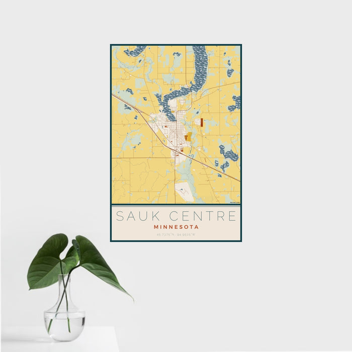 16x24 Sauk Centre Minnesota Map Print Portrait Orientation in Woodblock Style With Tropical Plant Leaves in Water