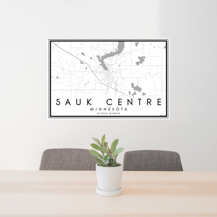 24x36 Sauk Centre Minnesota Map Print Lanscape Orientation in Classic Style Behind 2 Chairs Table and Potted Plant