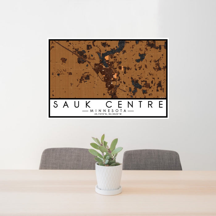 24x36 Sauk Centre Minnesota Map Print Lanscape Orientation in Ember Style Behind 2 Chairs Table and Potted Plant