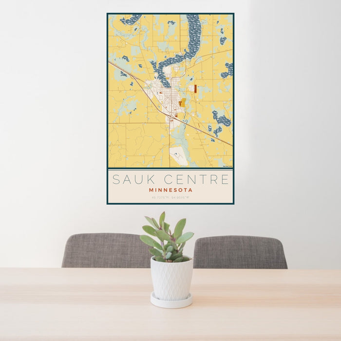 24x36 Sauk Centre Minnesota Map Print Portrait Orientation in Woodblock Style Behind 2 Chairs Table and Potted Plant