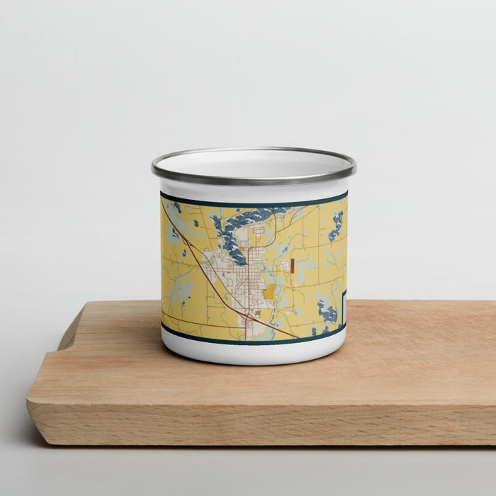Front View Custom Sauk Centre Minnesota Map Enamel Mug in Woodblock on Cutting Board