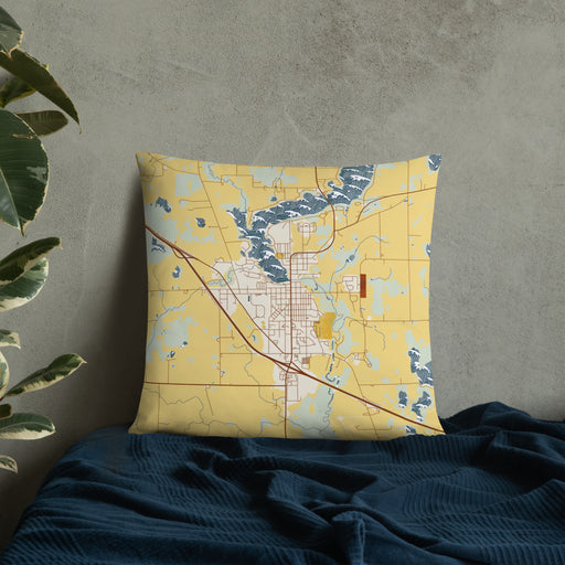 Custom Sauk Centre Minnesota Map Throw Pillow in Woodblock on Bedding Against Wall