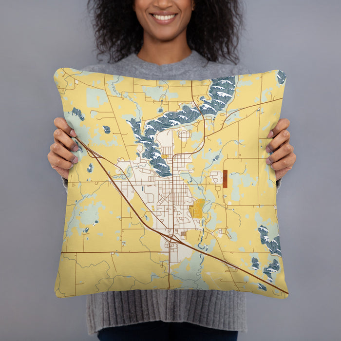 Person holding 18x18 Custom Sauk Centre Minnesota Map Throw Pillow in Woodblock