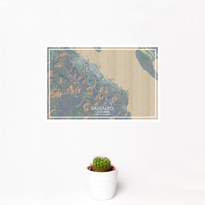 12x18 Sausalito California Map Print Landscape Orientation in Afternoon Style With Small Cactus Plant in White Planter