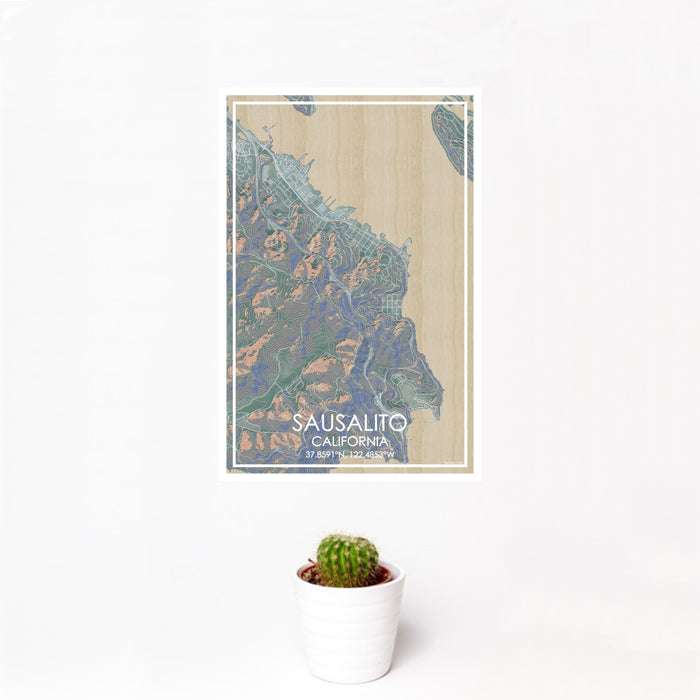 12x18 Sausalito California Map Print Portrait Orientation in Afternoon Style With Small Cactus Plant in White Planter